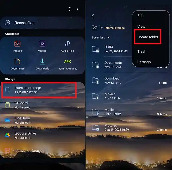 Open your File Manager app (e.g., Files by Google). Go to Internal Storage or Phone Storage. Tap New Folder and name it Music.