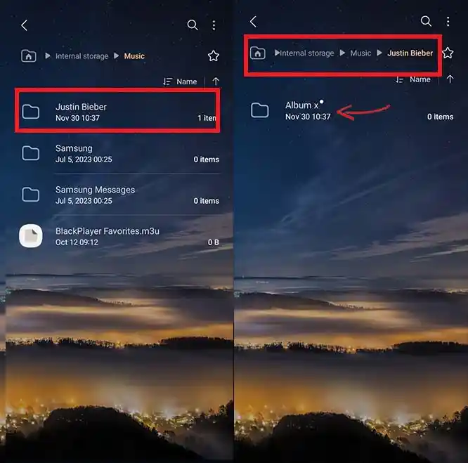 Internal Storage > Music > Coldplay > Parachutes. How to do it: Open the artist folder. Tap New Folder and name it after the album. Repeat for every album for that artist.
